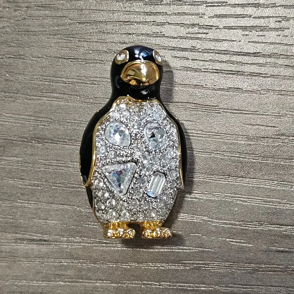 Swarovski Crystal Penguin Brooch with Gold Details